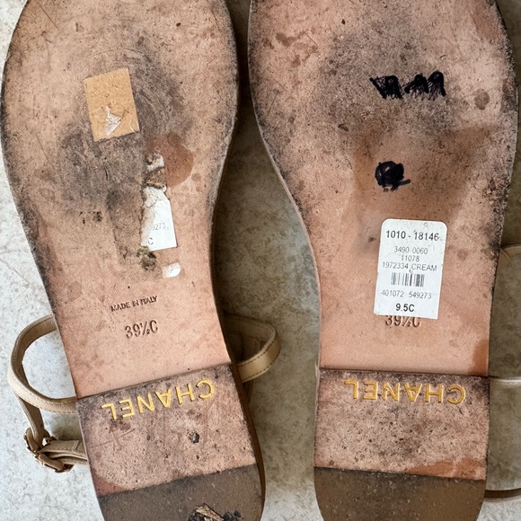 Authentic Chanel Classic Beige/Nude Lambskin Chain T Strap Sandals - Picture 7 of 9